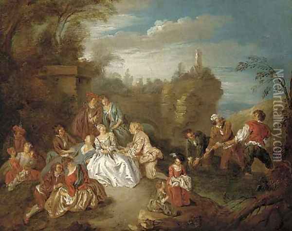 A fete champetre with boys fishing in a stream beyond Oil Painting - Jean-Baptiste Joseph Pater