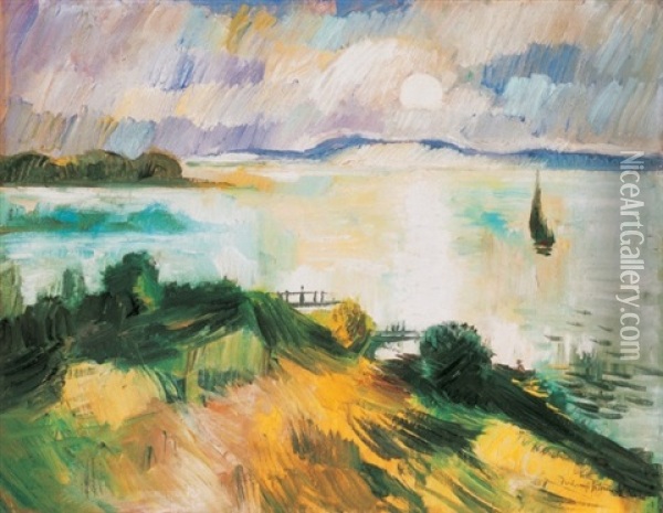 View Of Badacsony With A Sailing Boat Oil Painting - Bela Ivanyi Gruenwald