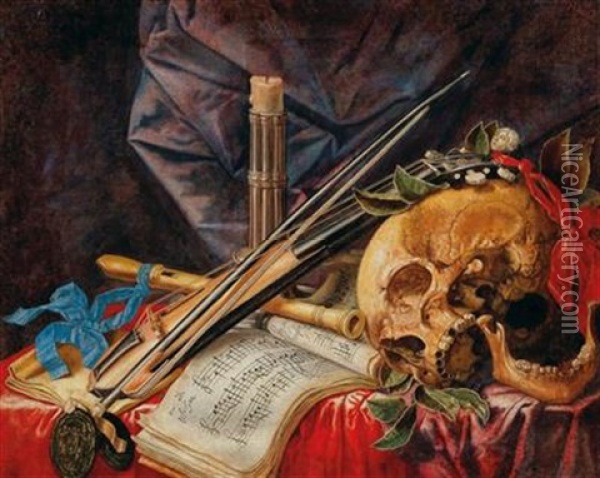 A Vanitas Still Life With A Viol Oil Painting - Simon Renard De Saint-Andre