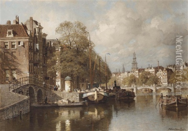 A View On The Amstel, With The Blauwbrug And The Zuiderkerk, Amsterdam Oil Painting - Johannes Christiaan Karel Klinkenberg