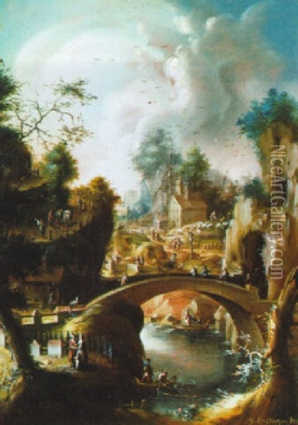 Gebirgslandschaft Mit Einem Flus Und Bogenbrucke Sowie Figuren Oil Painting - Albert Singer