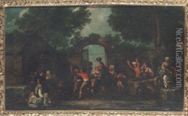 Peasants Fighting Outside An Inn With Onlookers Beside A Gateway Oil Painting - Paolo Monaldi