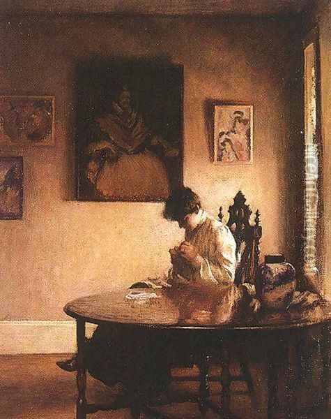 Girl Crotcheting Oil Painting - Edmund Charles Tarbell