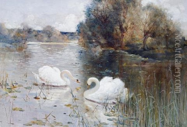 A River Landscape With Swans (+ Another; Pair) Oil Painting - Albert E. Bailey