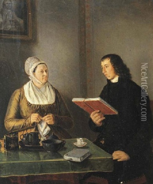 Portrait Of The Reverend Hermannus Manger And His Wife Geertruida Coulon, Seated By A Table, In An Interior Oil Painting - Johannes (Jan) Reekers