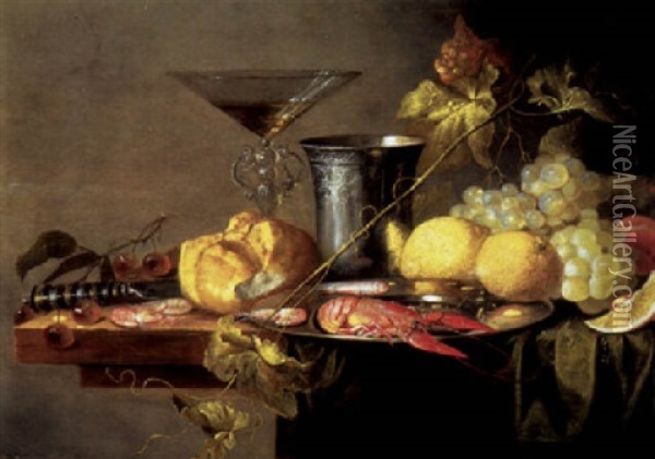 Crayfish And Prawns In A Pewter Plate, A Beaker, A Wineglass, A Roll, A Knife And Fruit On A Partly Draped Table Oil Painting - Jan van den Hecke the Elder