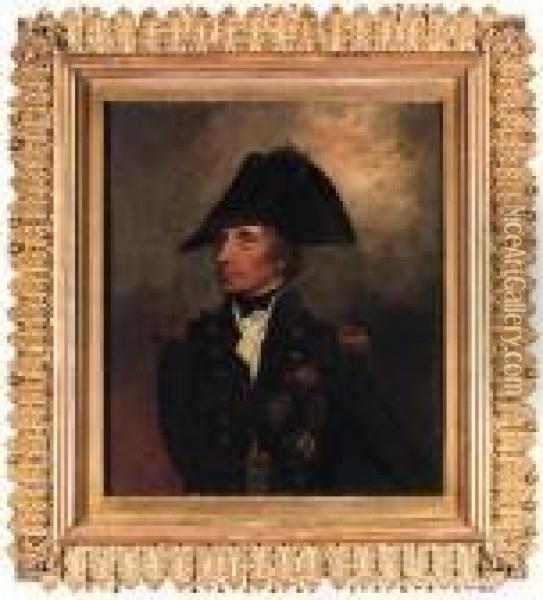 Portrait Of Horatio, Viscount 
Nelson, K.b., Vice-admiral Of Thewhite, Half-length, In Vice-admiral's 
Undress Uniform, Cocked Hatwith Black Silk Cockade And Green Eyeshade, 
With The Stars Of Thebath, The St. Ferdinand And The Crescent Oil Painting - Arthur William Devis