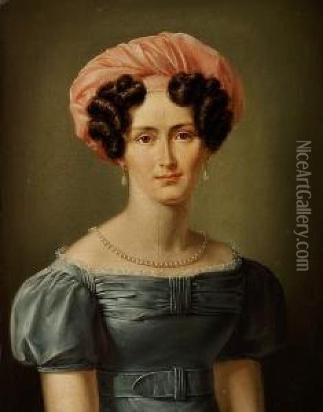 A Portrait Of A Woman With Pink Headgear, A Grey Blue Dress And A White String Of Pearls Oil Painting - C. A. Jensen