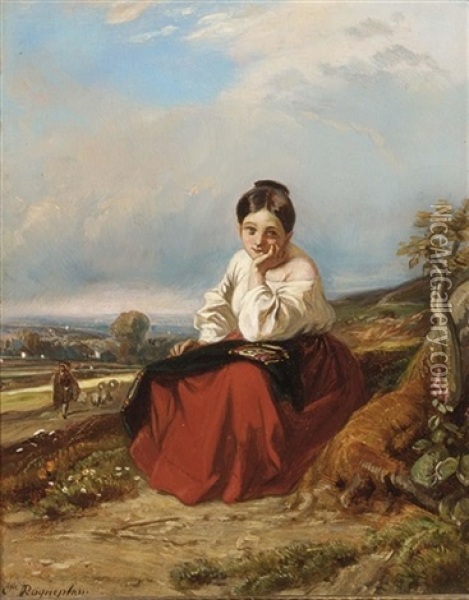 A Seated Young Girl In A Landscape Oil Painting - Camille Joseph Etienne Roqueplan