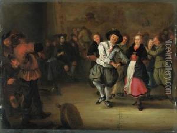 A Bridal Couple Dancing In An Interior Oil Painting - Gerrit Lundens