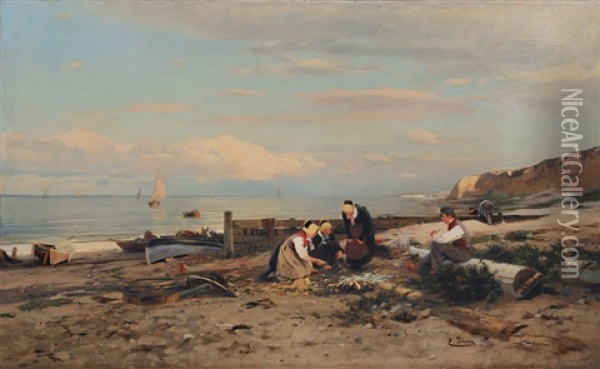 Sorting The Catch Oil Painting - Eugen Gustav Duecker