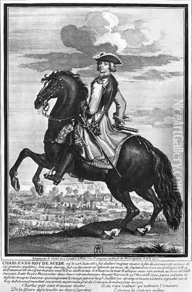 King Charles XII 1682-1718 of Sweden, on horseback, 1702 Oil Painting - Bernard Picart