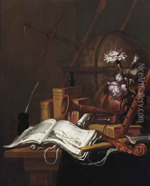 A Vanitas Still Life With An Illustrated Book, Shells, A String Of Pearls, Musical Instruments, A Globe, Books And Flowers In A Glass Vase... Oil Painting - Vincent Laurensz van der Vinne the Elder