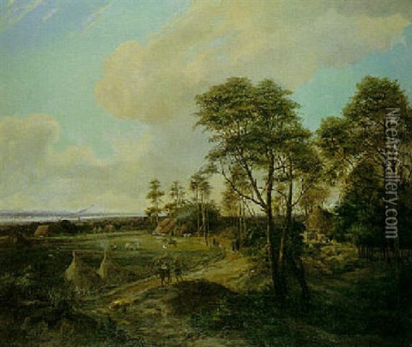 Wooded River Landscape With Village In Foreground Oil Painting - Barend Cornelis Koekkoek