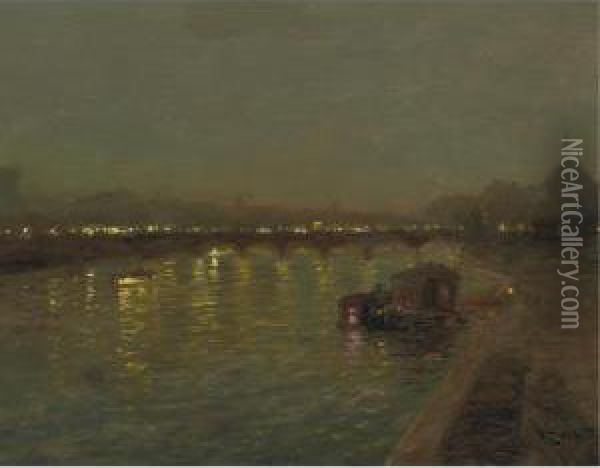 Lights On The Saint Peres Bridge, Paris Oil Painting - Francois Charles Cachoud