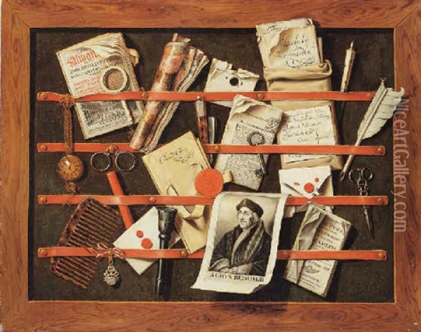 A Trompe L'oeil Still Life Of Written And Printed Documents And Other Paraphernalia Held By Strips Of Ribbon To A Framed Board Oil Painting - Edward Collier