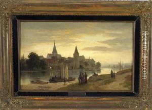 Blick Auf Eine Mittelalterliche 
Stadt Am Flussufer In Abendlicher Landschaft Mit Reicher 
Personenstaffage Oil Painting - Ludwig Halauska