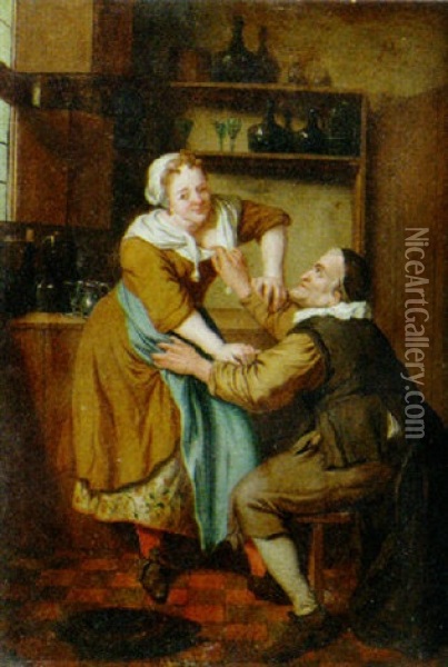 An Old Man Flirting With A Kitchen Maid Oil Painting - Jan Josef Horemans the Younger