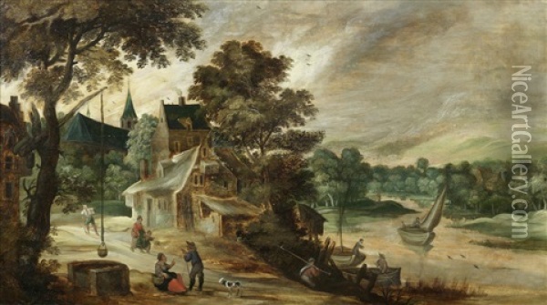 Figures In A River Landscape Before A Village Oil Painting - Philips de Momper the Younger