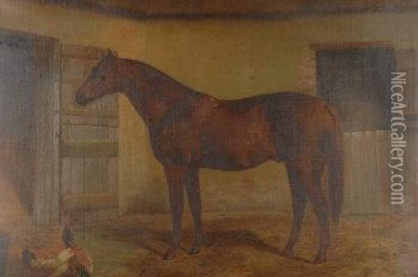 Red Prince Ii, Study Of A Racehorse In A Stable Yard With Chickens Oil Painting - Nassau Blair Browne