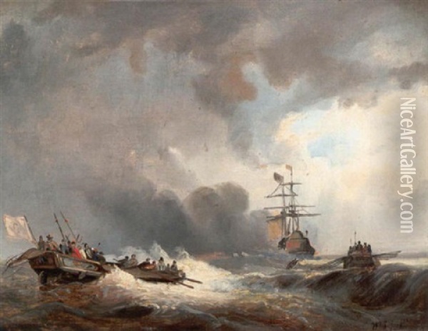 Marine. Ruderboote Auf Dem Weg Sum Admiralsschiff Oil Painting - Wijnand Jan Joseph Nuyen