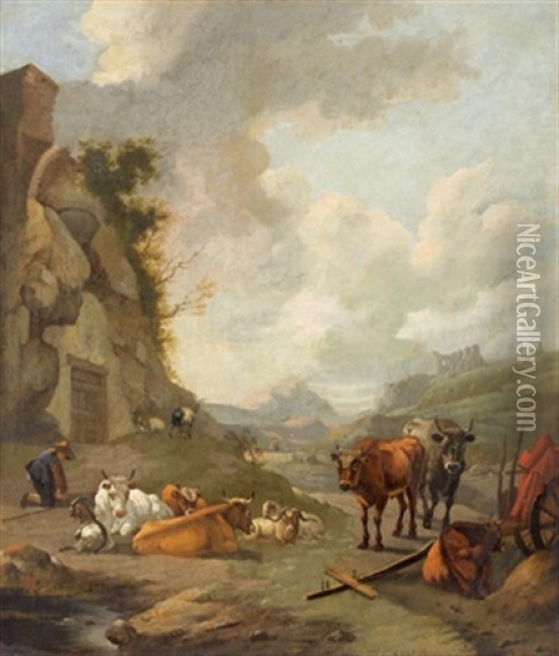 Ein Hirt Mit Seiner Herde In Der Romischen Campagna Oil Painting - Willem Romeyn