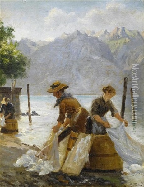 Wascherinnen Bei Vevey Am Genfersee Oil Painting - August Fischer