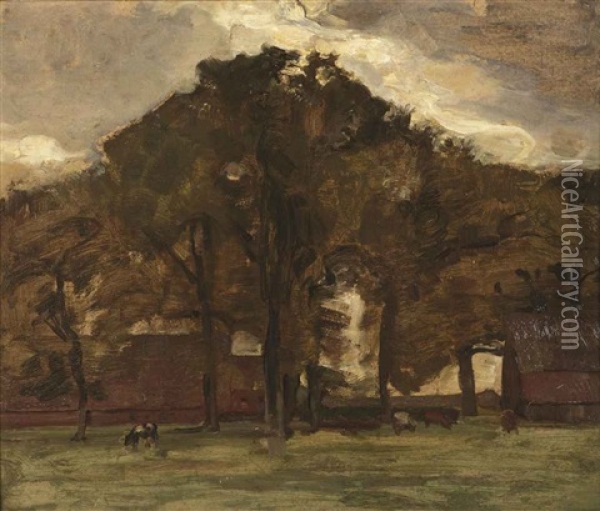 Farmstead Under Oak Trees - Oil Sketch Iii Oil Painting - Piet Mondrian