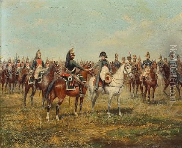 Napoleon Decorating A Dragoon On The Battlefield (+ Dragoons In Review; 2 Works) Oil Painting - Paul Emile Leon Perboyre