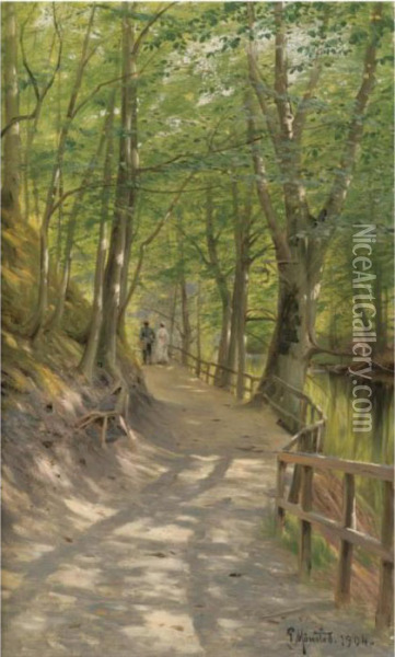 Spadseretur I Skoven (walking In The Forest) Oil Painting - Peder Mork Monsted