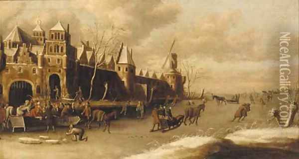 A winter landscape with skaters outside a city wall Oil Painting - Thomas Heeremans