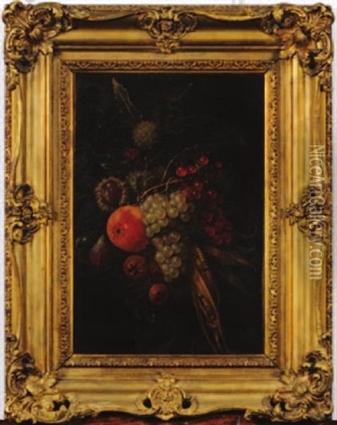 Sill Life Of Grapes, Cherry, Apple, Pomegranate, Fig, Corn And Castanea Dentata Oil Painting - Cornelis De Heem