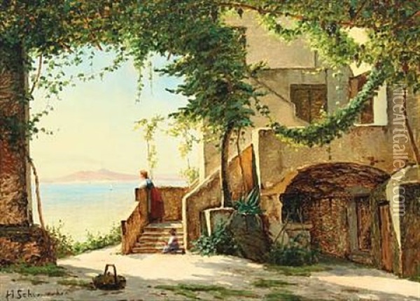 View Of Capri Overlooking The Vesuvius Oil Painting - Harald Peter William Schumacher
