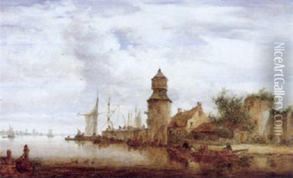 Dorf Mit Einem Turm An Einem Flus Und Booten Oil Painting - Cornelis van Noorde