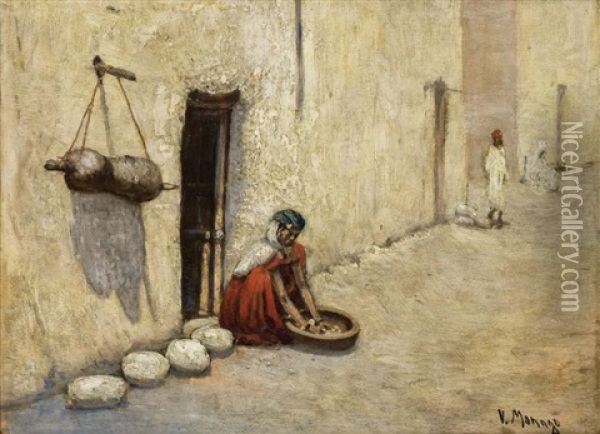 Femme Preparant Le Couscous, Algerie Oil Painting - Vincent Manago