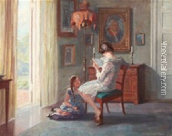 Living Interior With Two Girls Reading Oil Painting - Robert Panitzsch