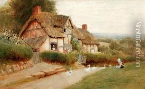 Geese On A Lane Before A Thatched Cottage Oil Painting - Arthur Claude Strachan