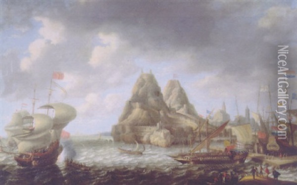 A View Of A Harbour With A Merchant-man And A Flute Moored At A Quay, Galleys About To Set Off And A Threemaster Beyond Oil Painting - Bonaventura Peeters the Elder