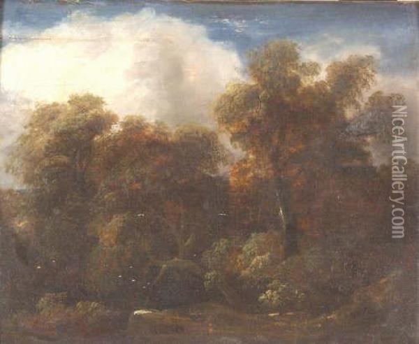 Landscape Withtrees And Rocky Outcrop Oil Painting - Thomas Gainsborough