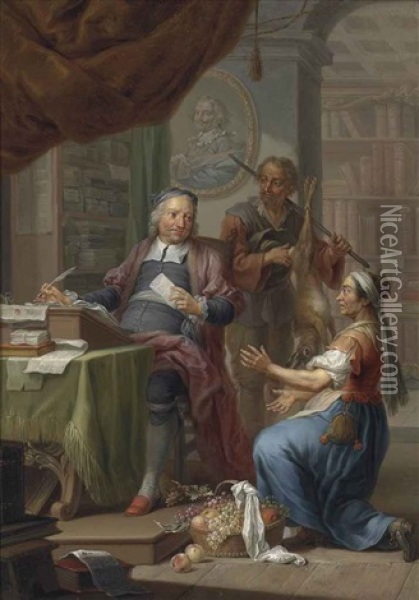 A Court Secretary At His Desk With Two Sutlers Oil Painting - Franz Christoph Janneck