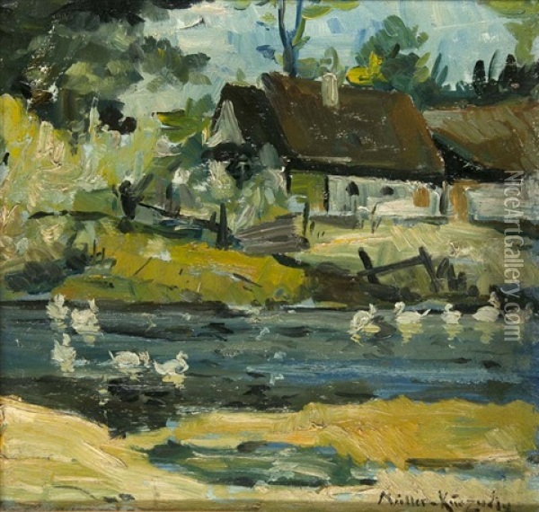 Sommerliche Szene Mit Teich Und Gehoft Oil Painting - Konrad Alexander Mueller-Kurzwelly