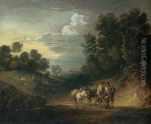 A Wooded Landscape With Figures In The Foreground Shovelling Sand, With Donkeys, A Shepherd And Sheep Beyond: The Sand-getters Oil Painting - Gainsborough Dupont