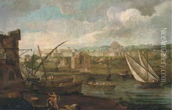 A Capriccio Of A Riverside Landscape With Shipping And Figures On The Shore Oil Painting - (circle of) Wittel, Gaspar van (Vanvitelli)