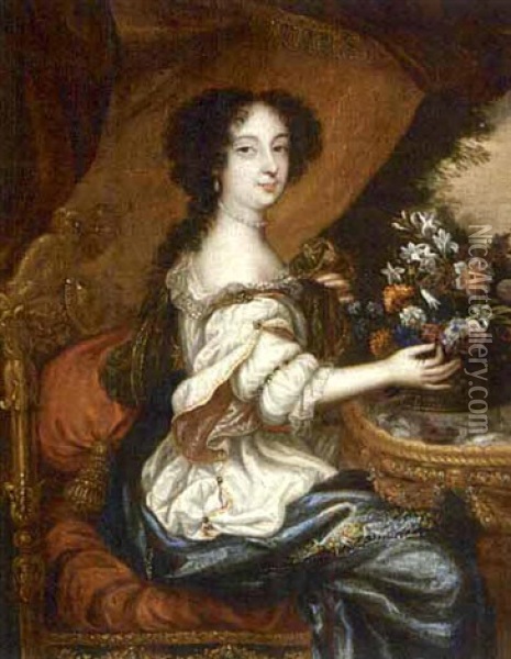 A Portrait Of A Lady, Seated, Wearing A White Dress With A Blue Shawl And Holding A Basket Of Flowers Oil Painting - Pierre Mignard the Elder