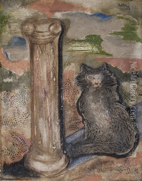 Cat With Ionic Column Oil Painting - Jankel Adler