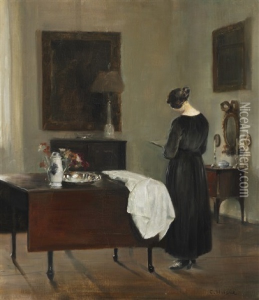 The Painter's Wife In Their Home Reading A Book Oil Painting - Carl Vilhelm Holsoe
