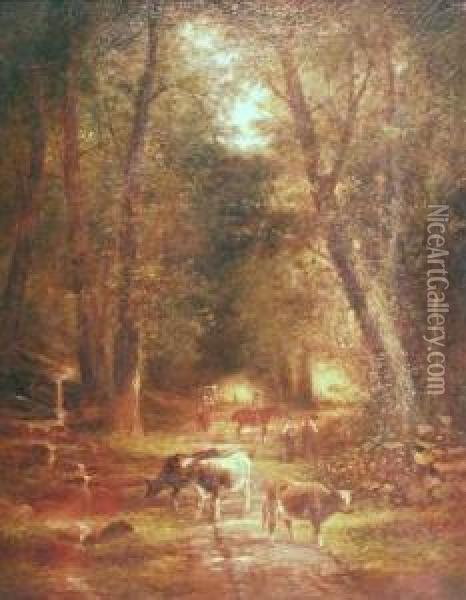 Cows On A Sunlit Wooded Path Oil Painting - Edmund Aylburton Willis