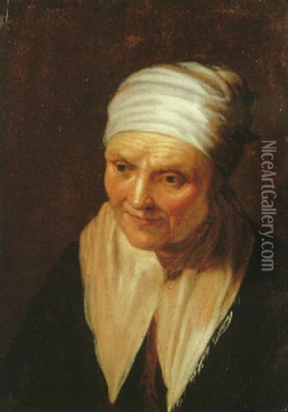 Portrait Of An Old Peasant Woman Wearing A White Linen Collar With Her Hair Pulled Back In A Cotton Cloth Oil Painting - Abraham Bloemaert