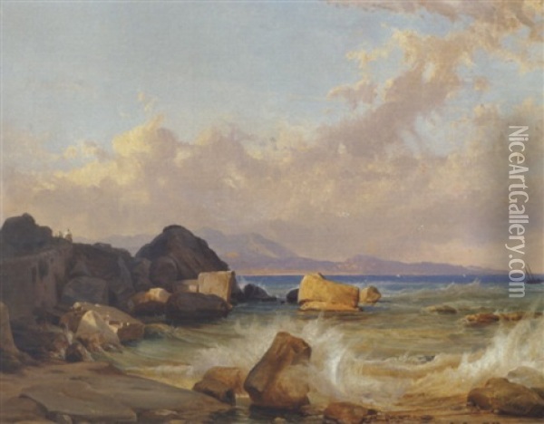 Kystparti Med Bolger, Der Brydes Mod Klipperne, Antagelig Fra Capri Oil Painting - Friedrich Nerly the Younger