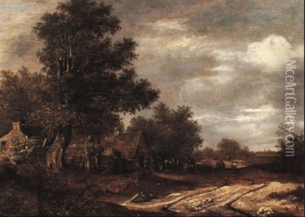 A Wooded Landscape With Peasants By A Farm Oil Painting - Cornelis Gerritsz Decker